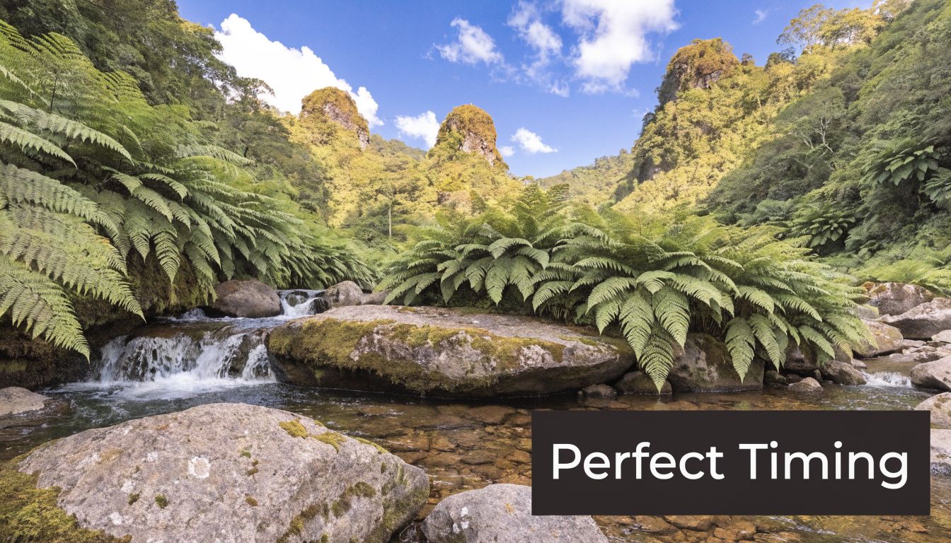 A serene tropical stream flowing through lush green ferns and large mossy rocks in Madagascar's forest.