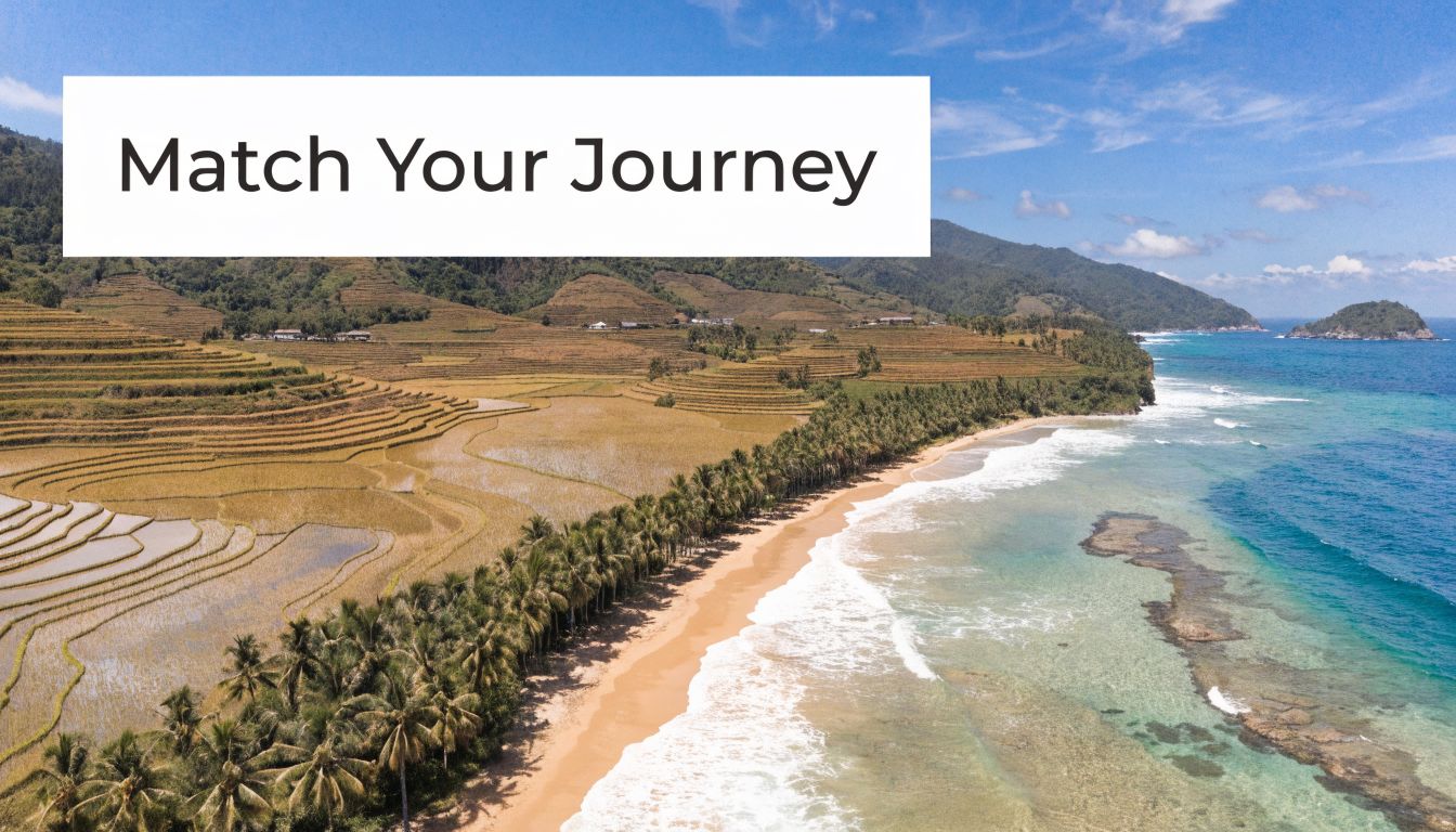 An aerial view of lush rice terraces meeting a pristine tropical beach and turquoise ocean water.