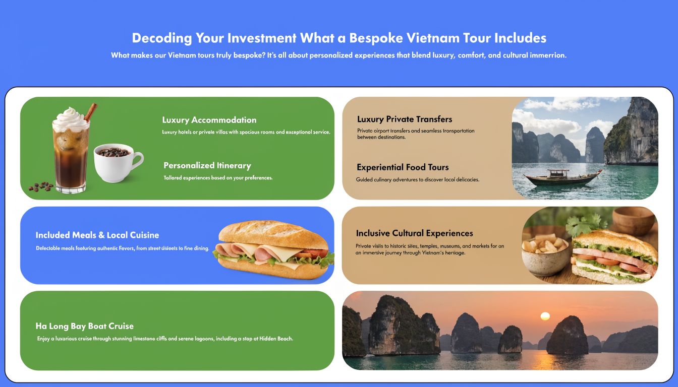 A travel brochure infographic outlining the luxury inclusions of a personalized bespoke tour in Vietnam.
