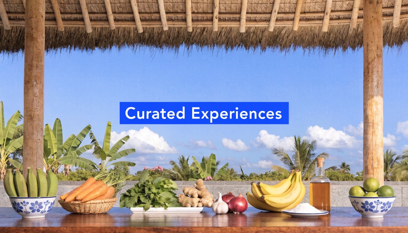 A rustic outdoor table features fresh produce, bananas, and herbs with a tropical palm tree background.