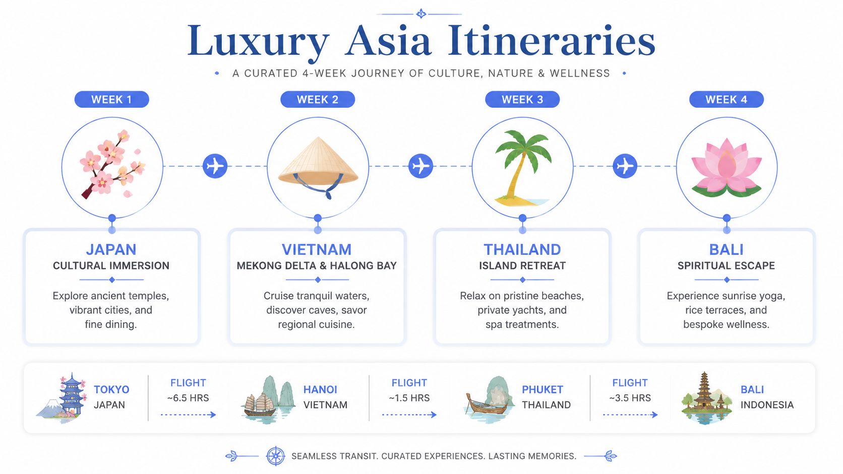 An infographic detailing a four-week luxury travel itinerary across Japan, Vietnam, Thailand, and Bali, Indonesia.