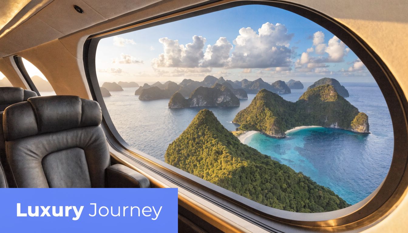 A view of lush tropical islands surrounded by turquoise water, seen through a private plane window.