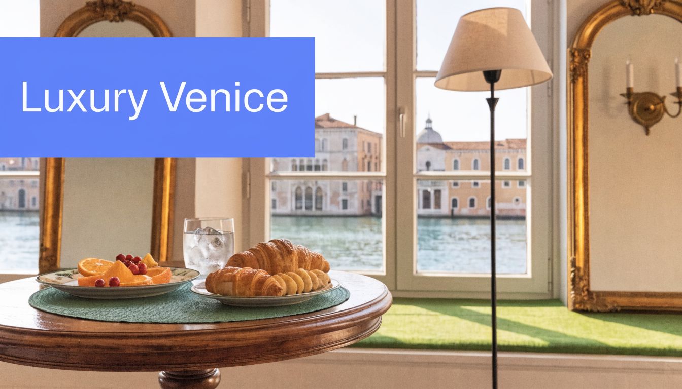A breakfast setting with croissants and oranges on a table overlooking a canal in Venice.