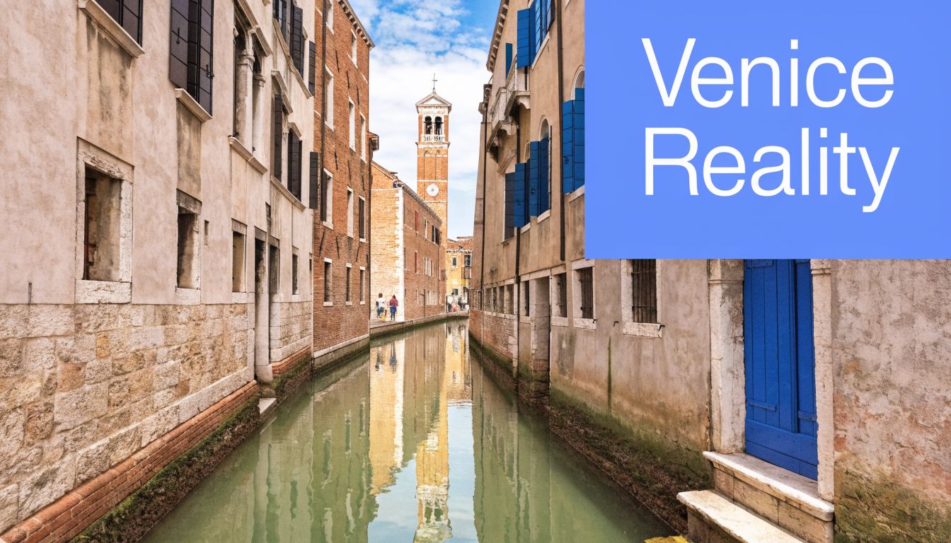 A scenic narrow canal in Venice, Italy with historic buildings and a bell tower in the distance.