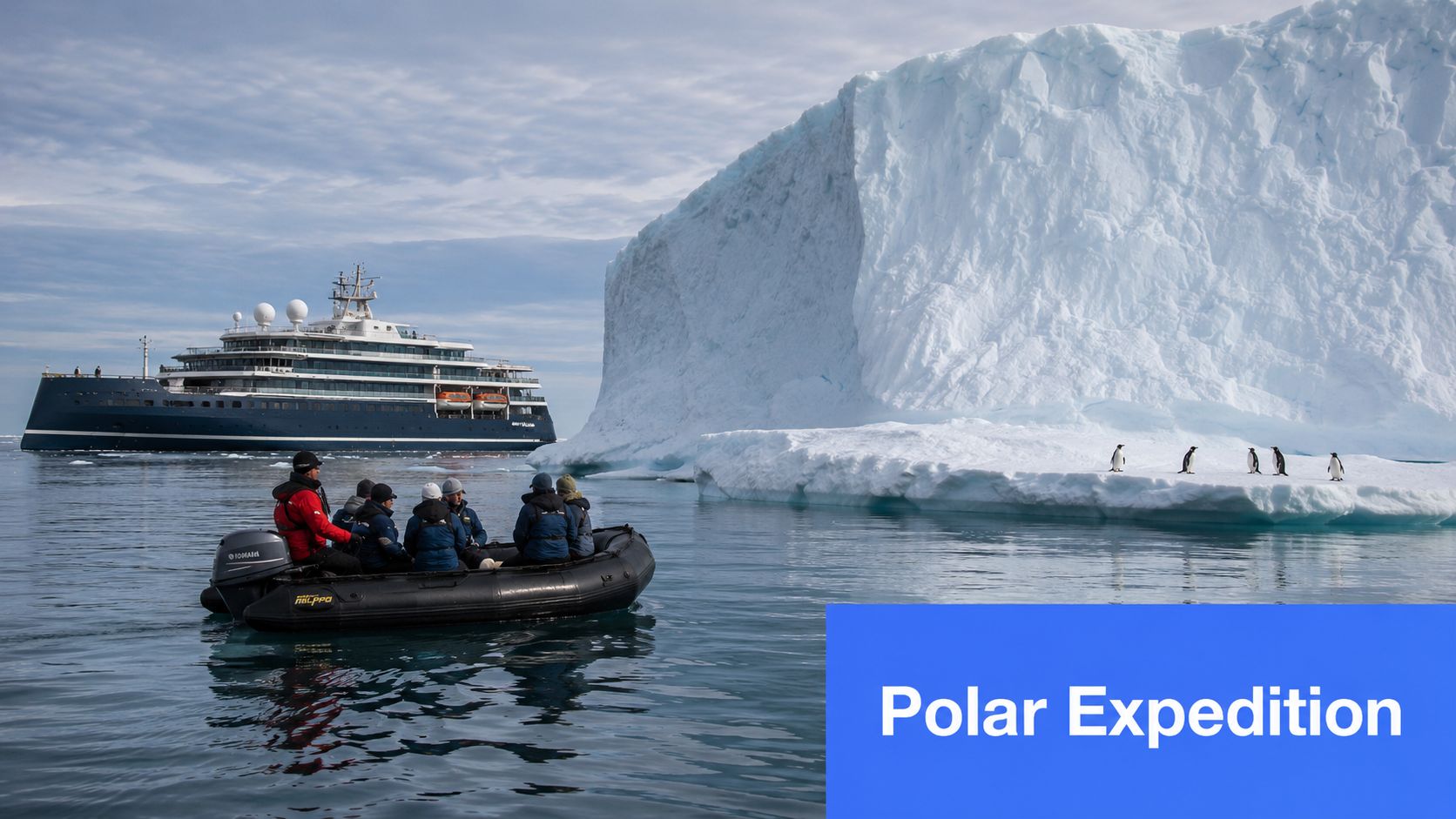 A group of people in an inflatable boat observe a large iceberg with penguins near a ship.