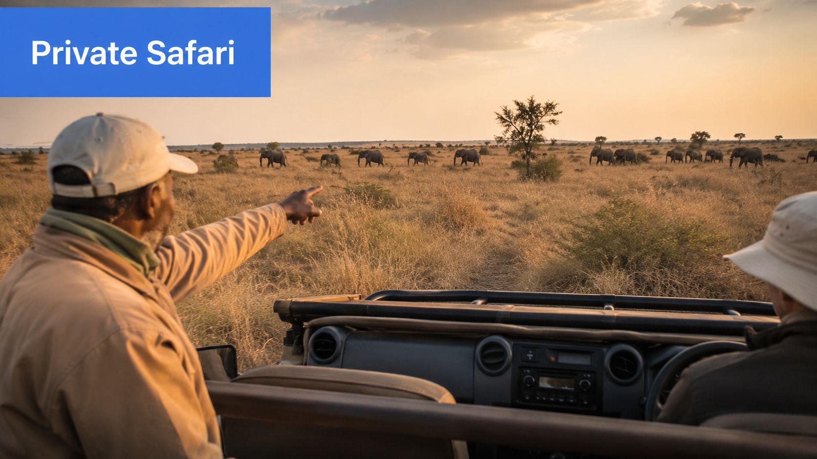 A safari guide pointing out a herd of elephants to a guest during a private safari tour