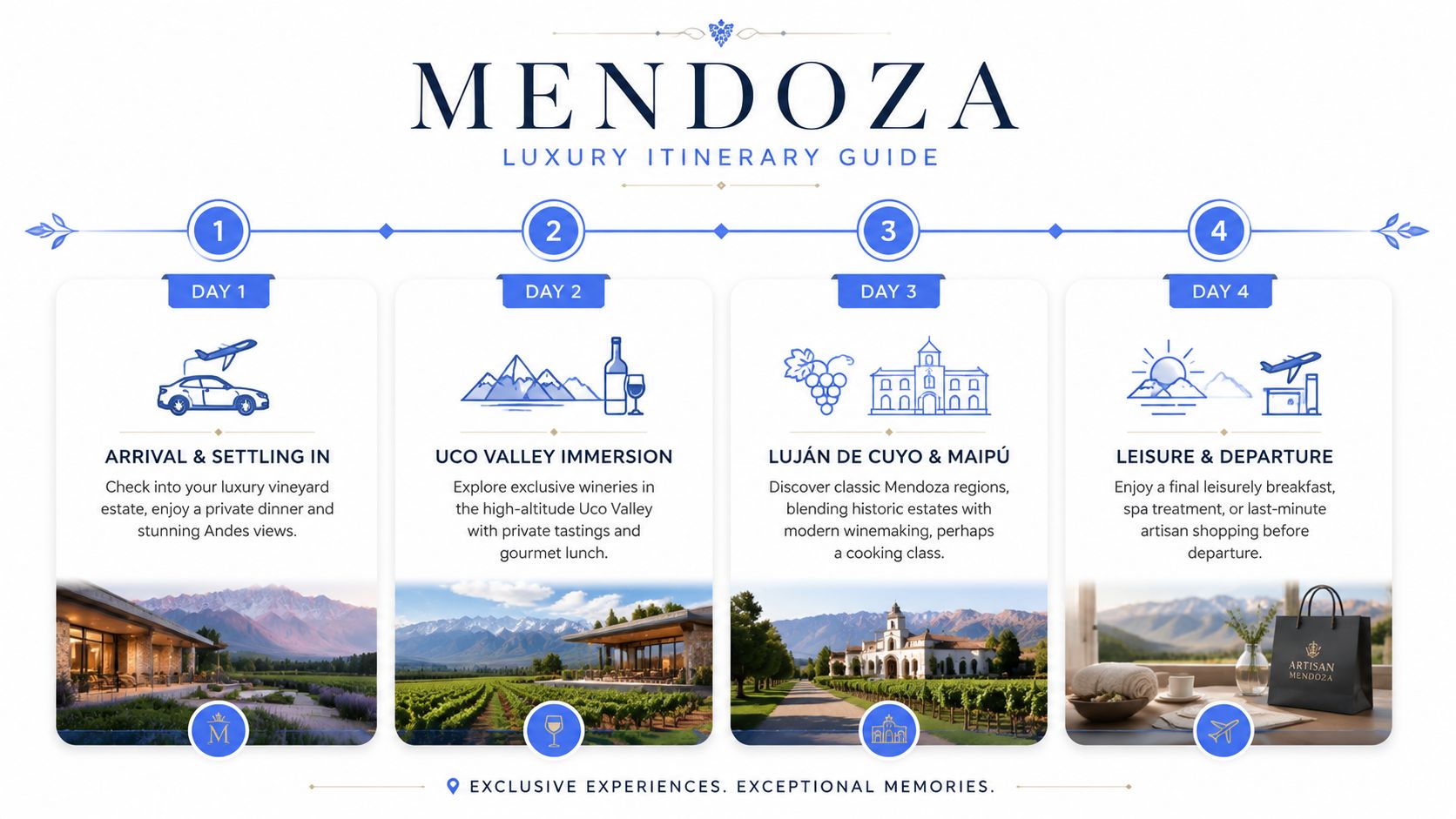 A four-day luxury itinerary guide for visiting Mendoza, Argentina, featuring vineyards, mountains, and wine tasting experiences.