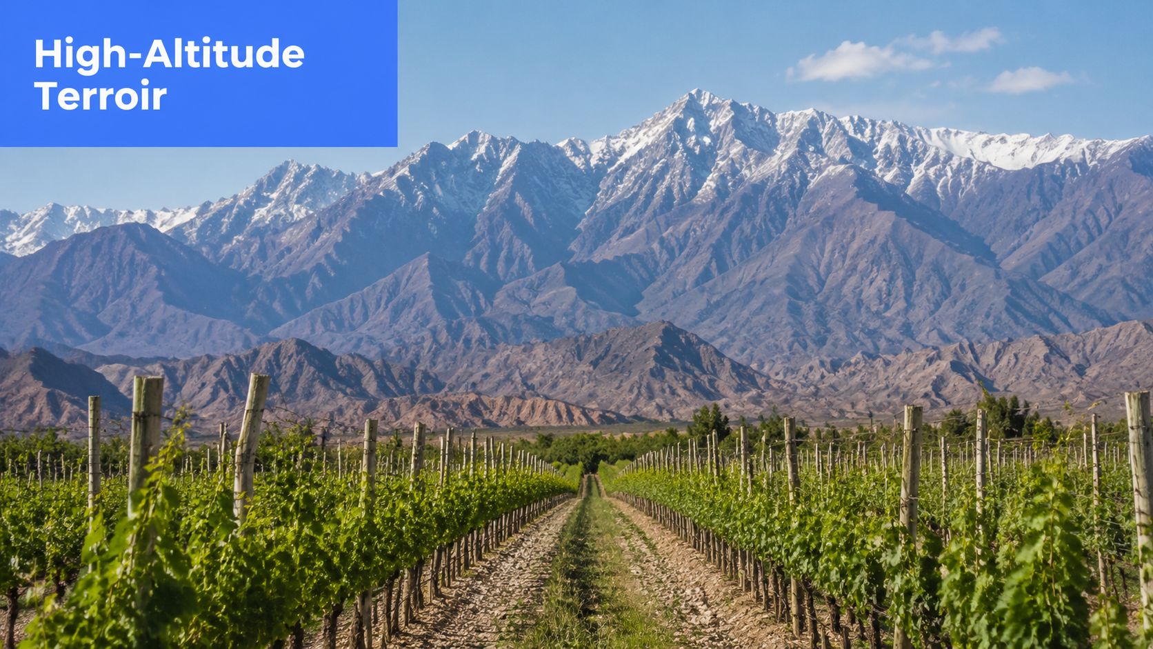 Lush green rows of grapevines in a vineyard with snow-capped Andes mountains in the background, Argentina.