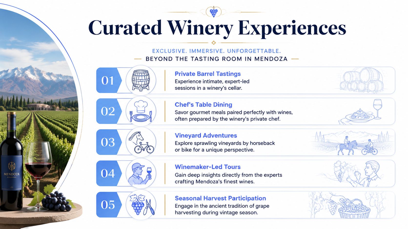 An infographic showcasing five curated luxury winery experiences in Mendoza, Argentina, against a backdrop of scenic vineyards.