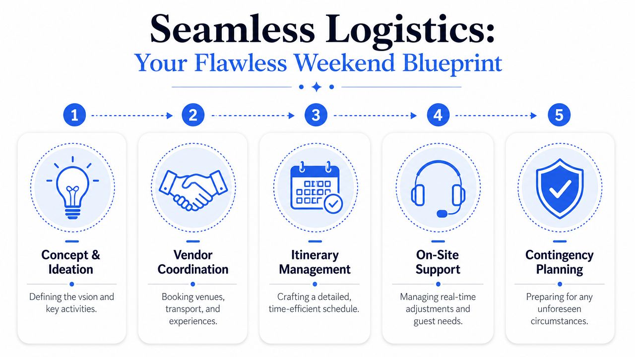 A five-step process infographic for seamless logistics and planning a perfect weekend getaway or event.