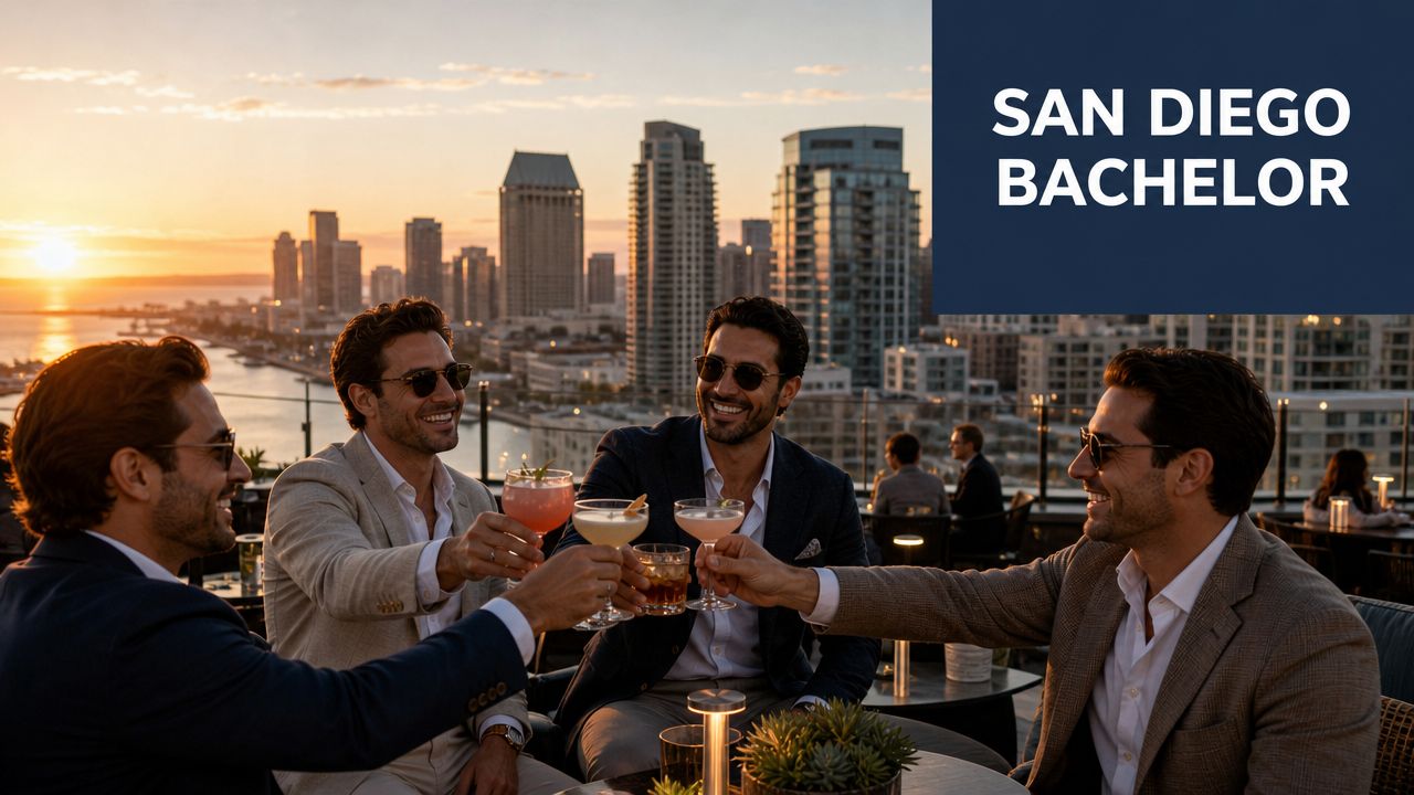 A group of stylish men toasting with cocktails on a rooftop terrace overlooking the San Diego skyline.
