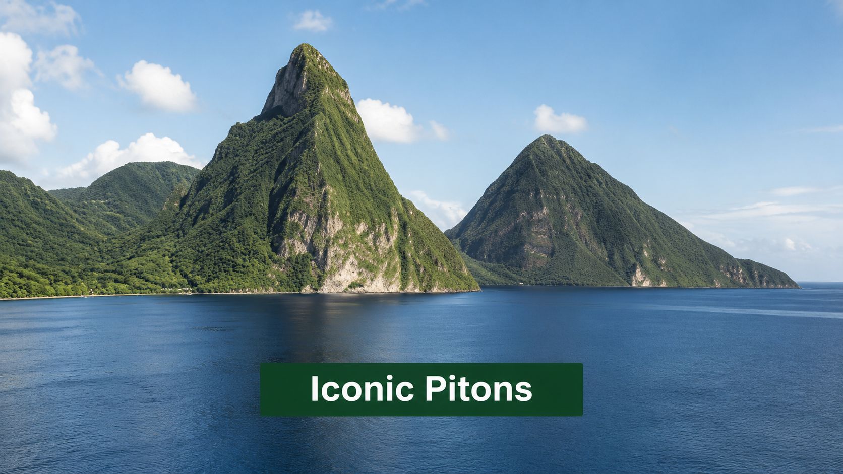 The iconic Pitons mountains rising from the calm blue waters of Saint Lucia on a sunny day.