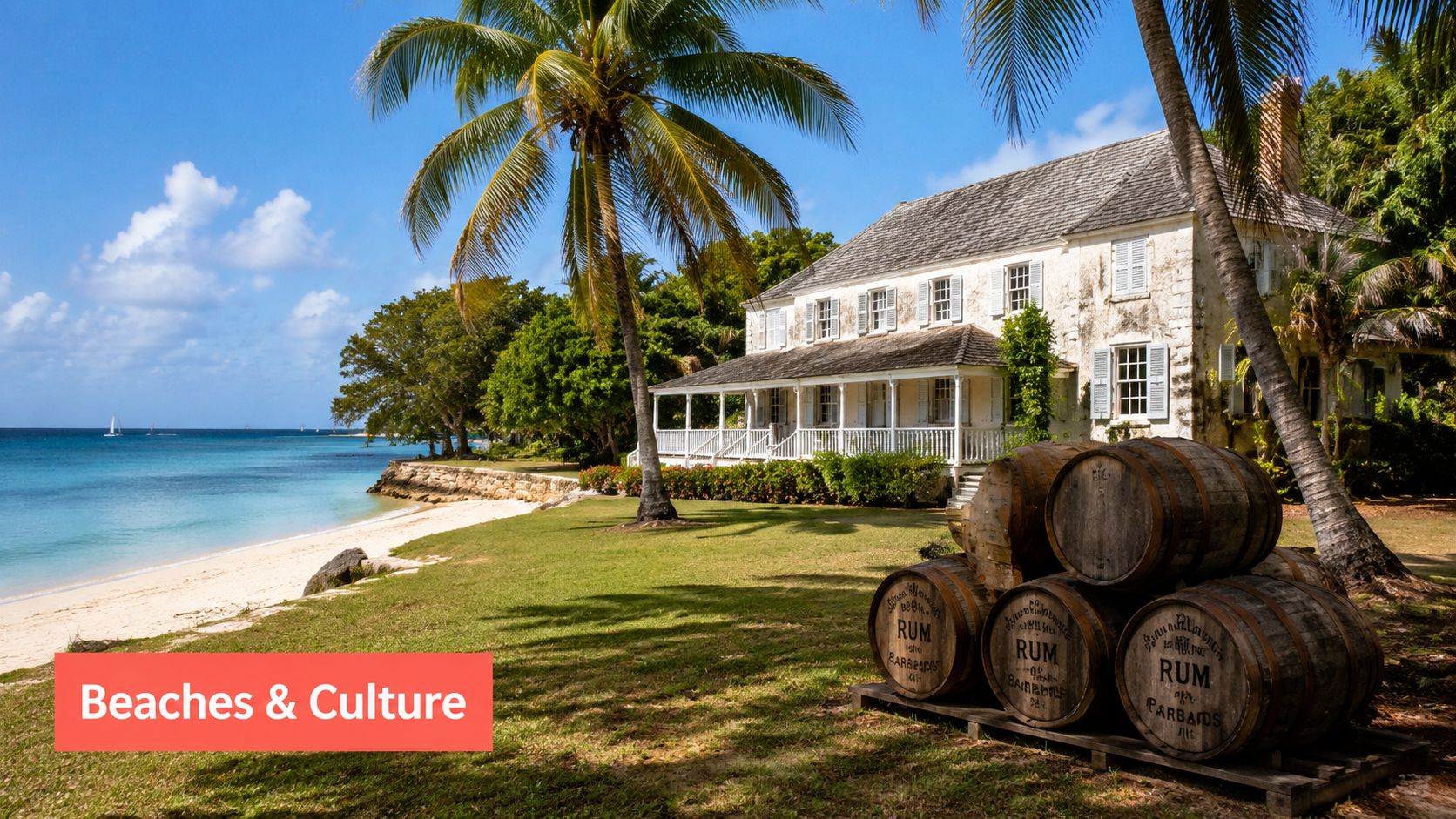 A historic colonial mansion overlooking a scenic tropical Caribbean beach with wooden rum barrels in the foreground.