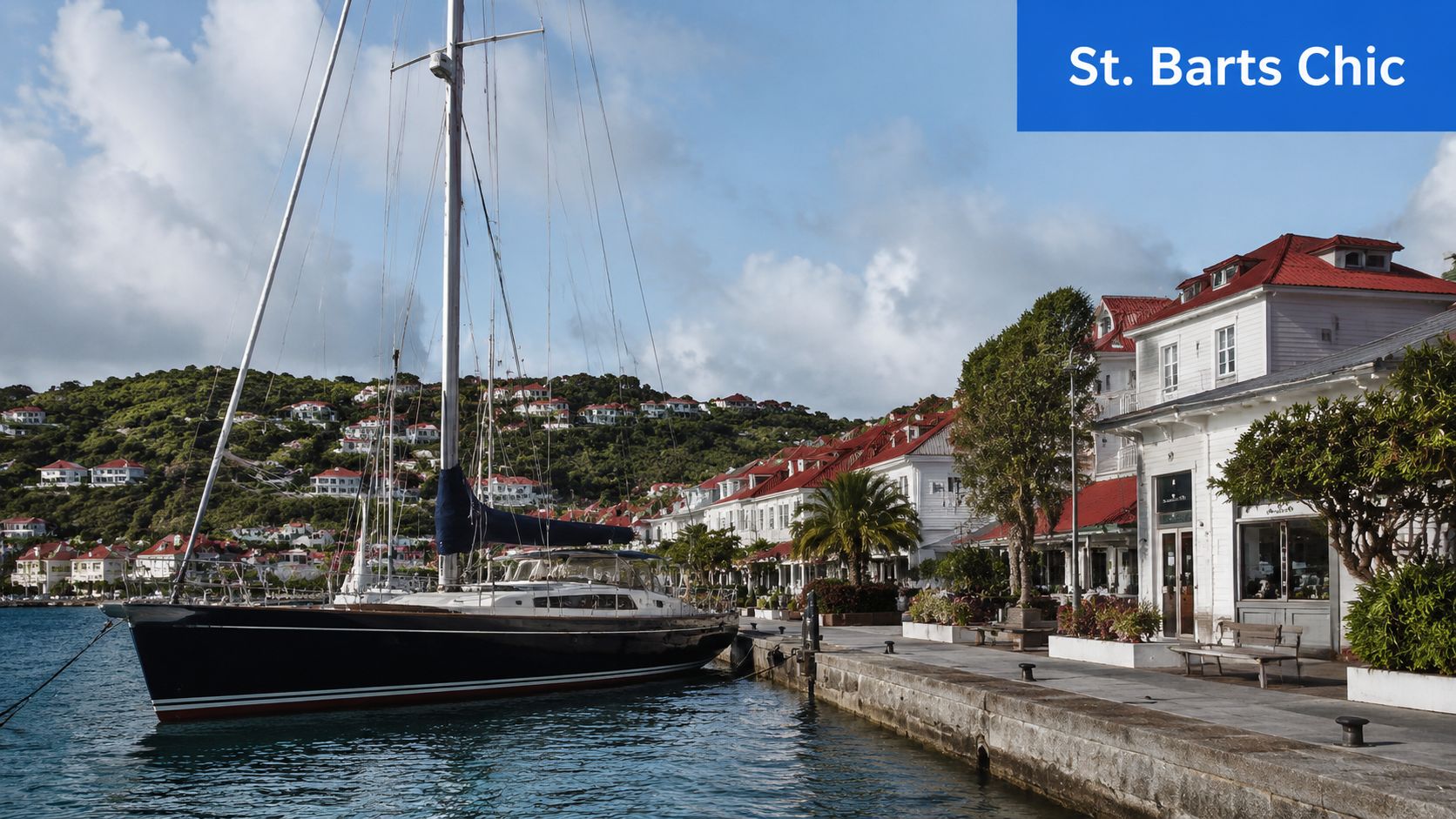 A luxurious sailboat moored at a scenic harbor in St. Barts with colorful buildings in the background.