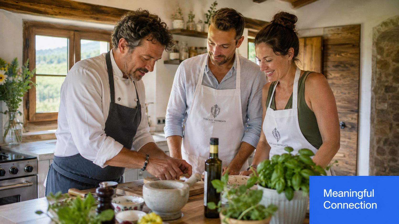 A professional chef teaches a man and woman how to cook Italian cuisine in a rustic kitchen.