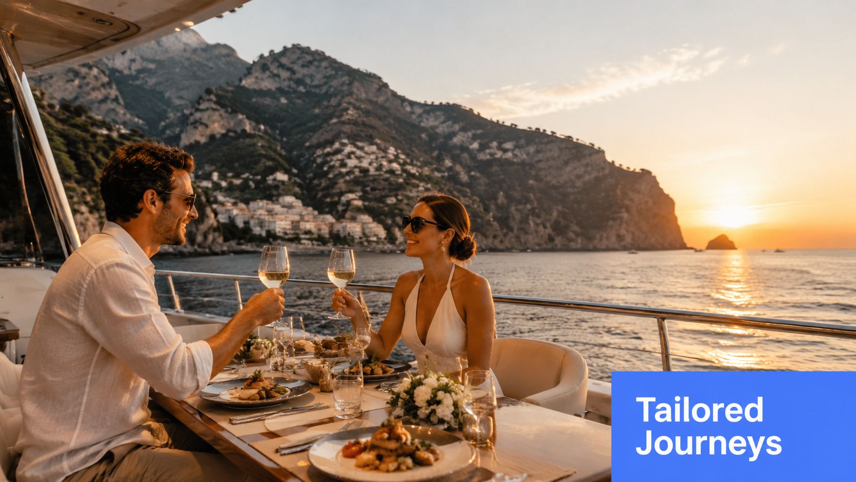 A stylish couple shares a romantic dinner with wine on a luxury yacht at sunset near Positano.