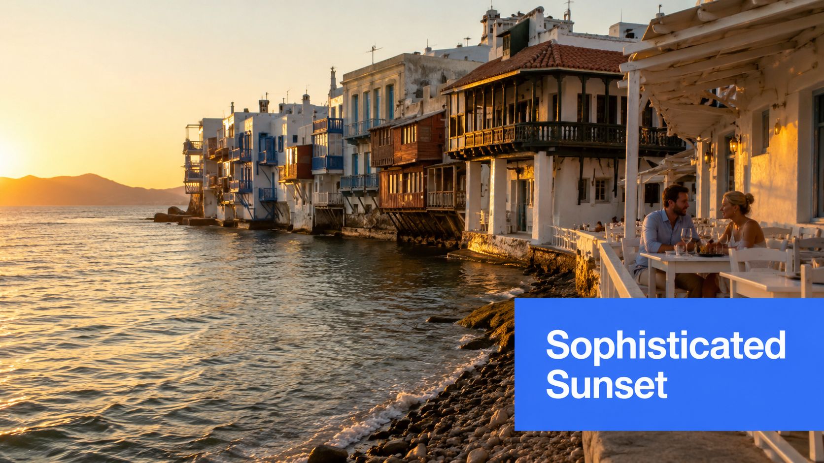 A couple dining outdoors at a restaurant overlooking the scenic Mykonos waterfront during a warm golden sunset.