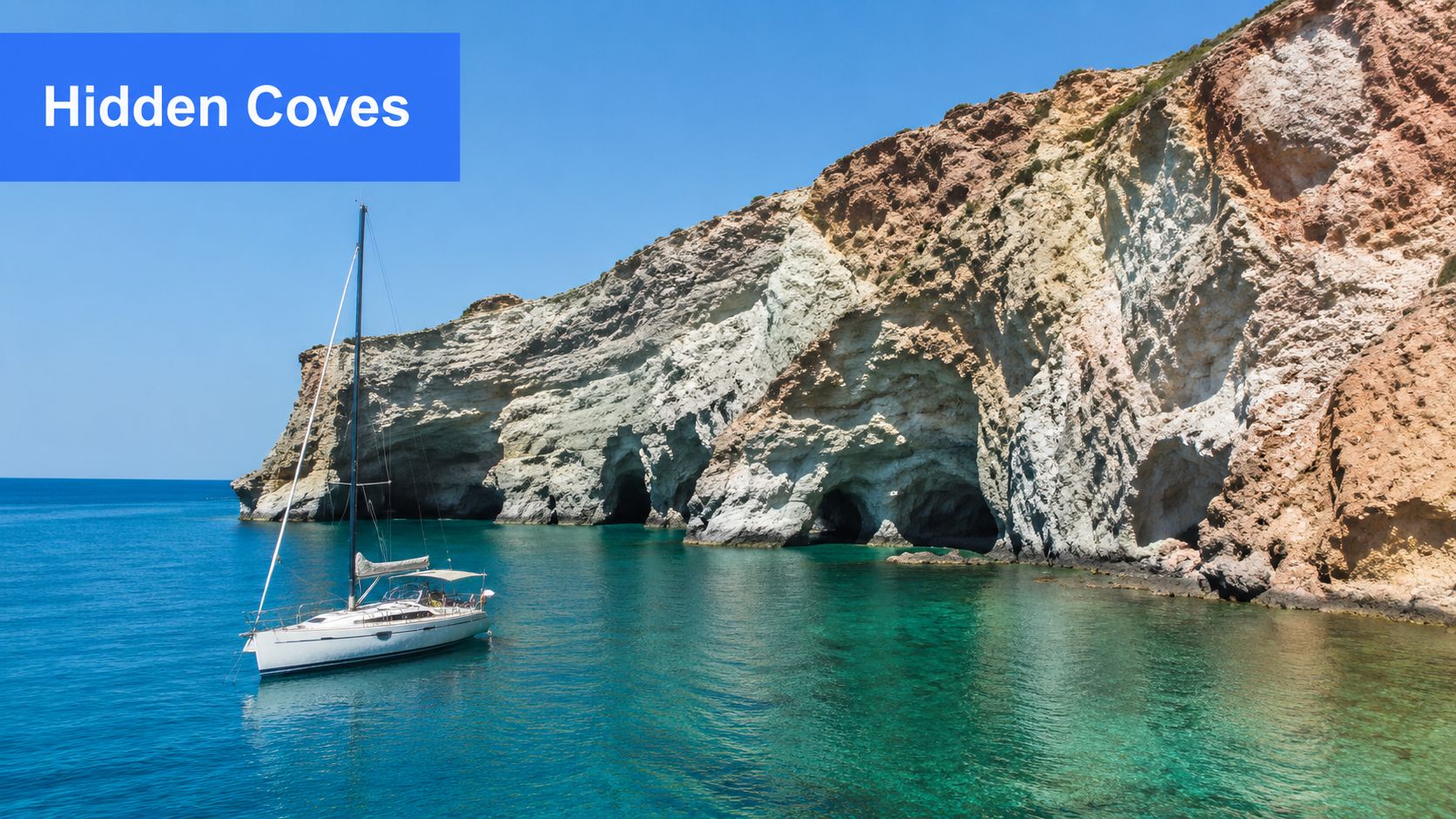 A lone white sailboat floating on clear turquoise water near rocky sea caves in Greece.