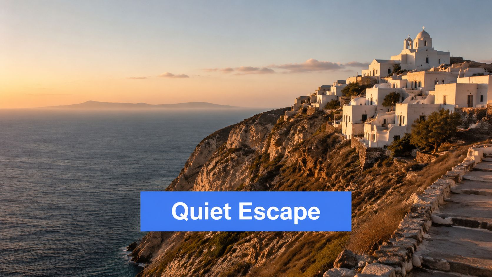 A picturesque white Mediterranean village perched on a cliffside overlooking the ocean during a golden sunset.
