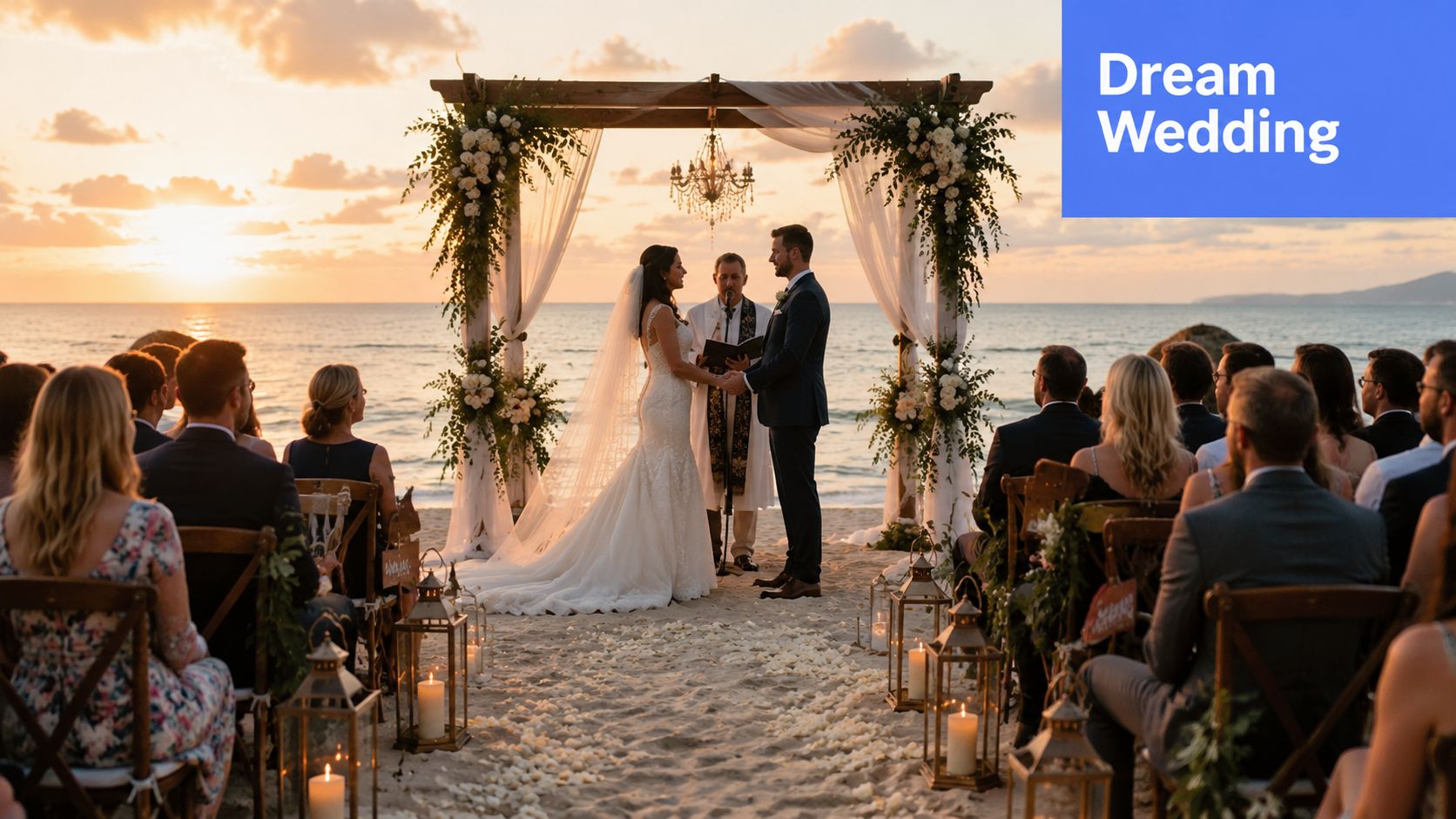 A beautiful destination wedding ceremony on the beach at sunset with a couple exchanging vows under an arch.