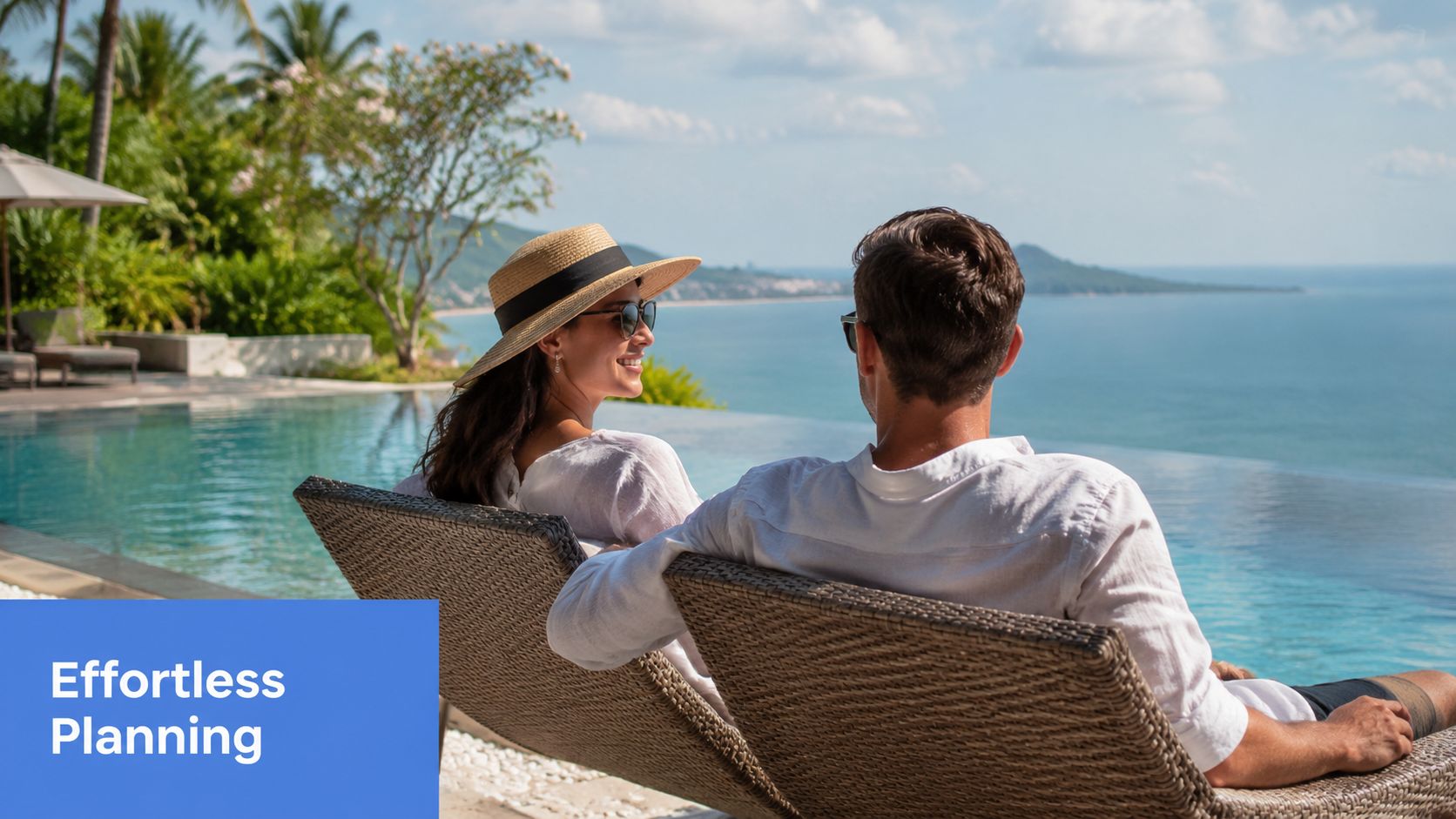 A couple relaxing on lounge chairs overlooking a beautiful infinity pool with an ocean view during vacation.