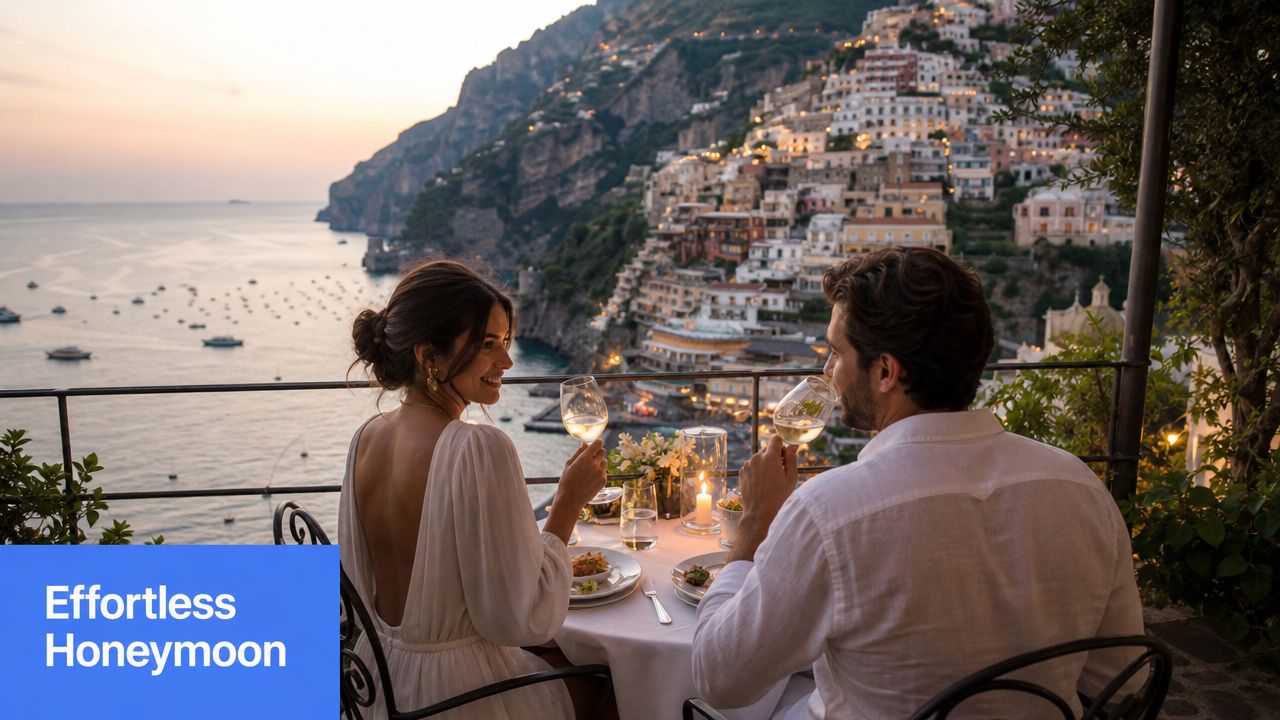 A romantic couple enjoying a scenic dinner with wine overlooking the coastal town of Positano, Italy.