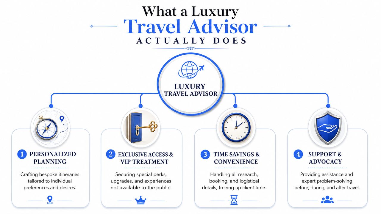 An infographic titled What a Luxury Travel Advisor Actually Does, outlining four key benefits of services.