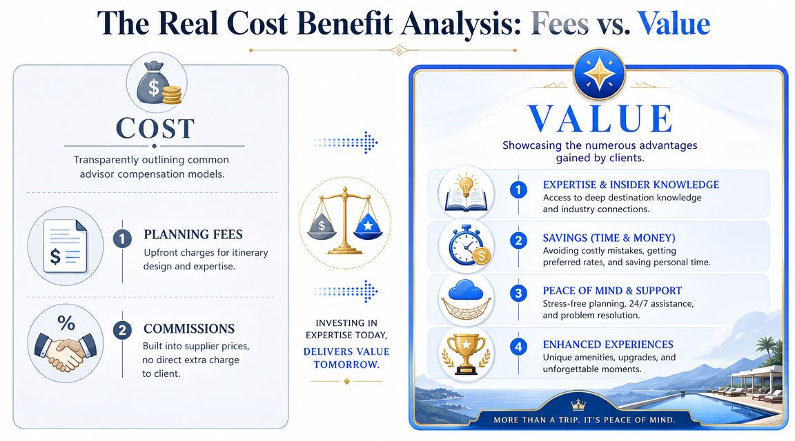 An infographic illustrating the value of travel agents versus their costs through fees and commissions.
