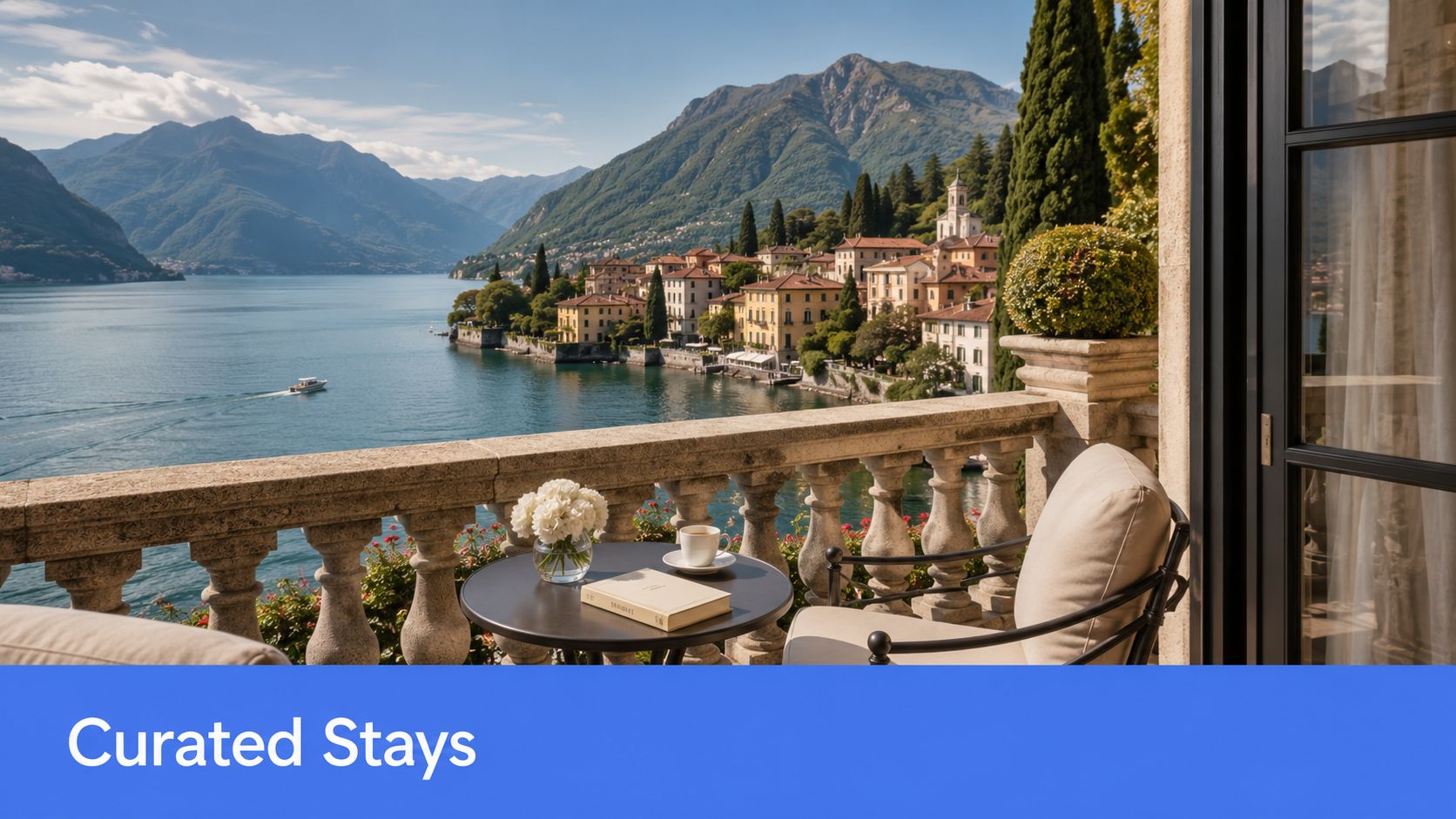 A scenic balcony view overlooking Lake Como in Italy with elegant furniture and Mediterranean mountains.