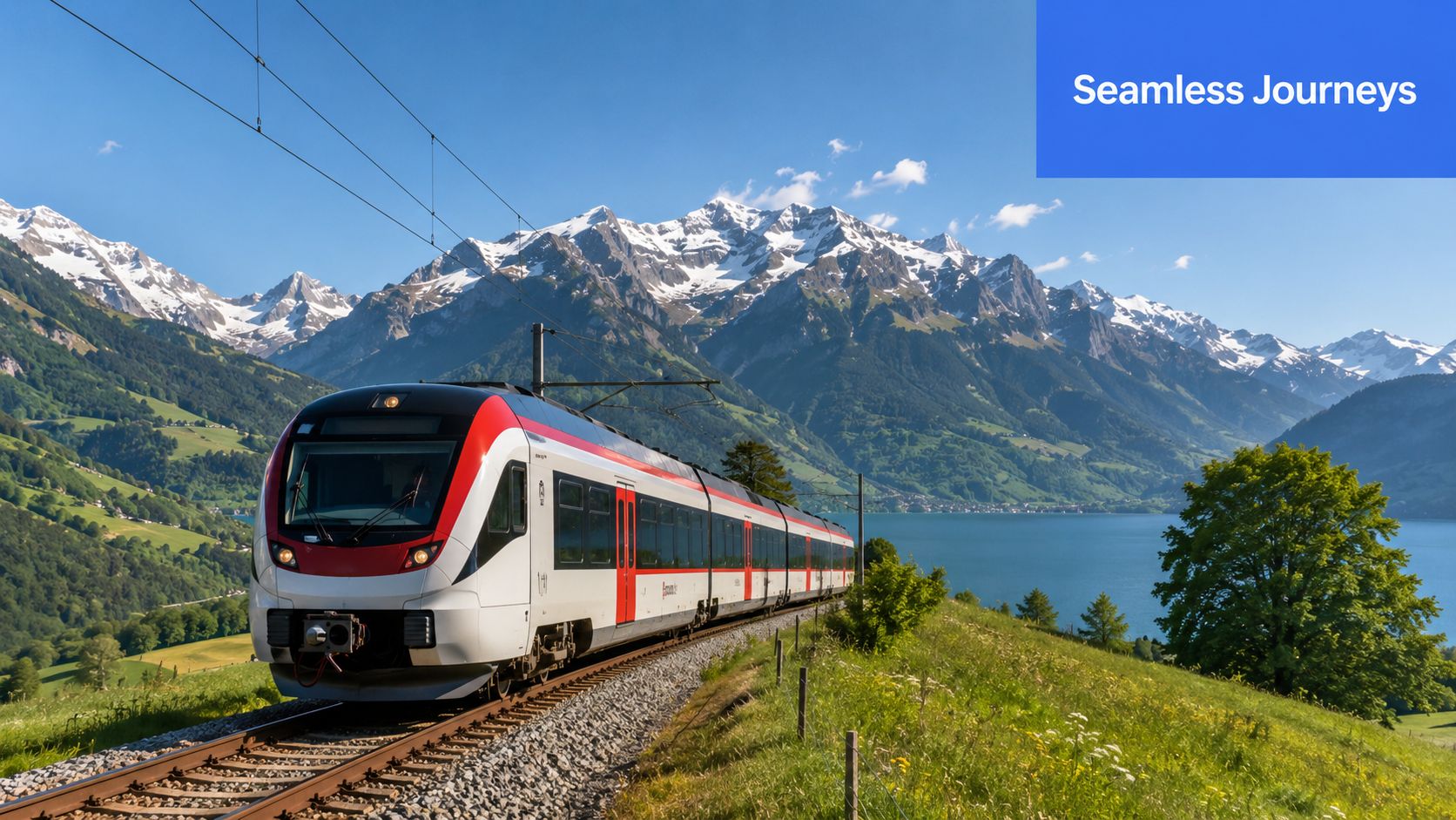 A modern train traveling on tracks through a scenic mountain landscape with a lake in the background.
