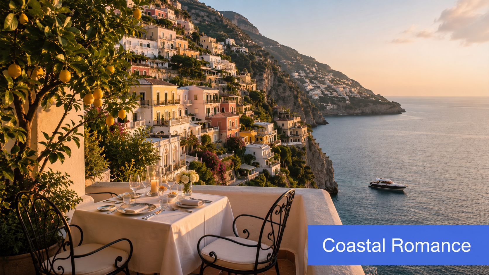 A romantic dining table set on a cliffside terrace overlooking the beautiful coastal town of Positano in Italy.