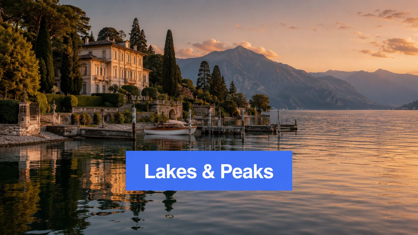 A luxurious villa by the serene Lake Como at sunset with majestic mountains in the background.