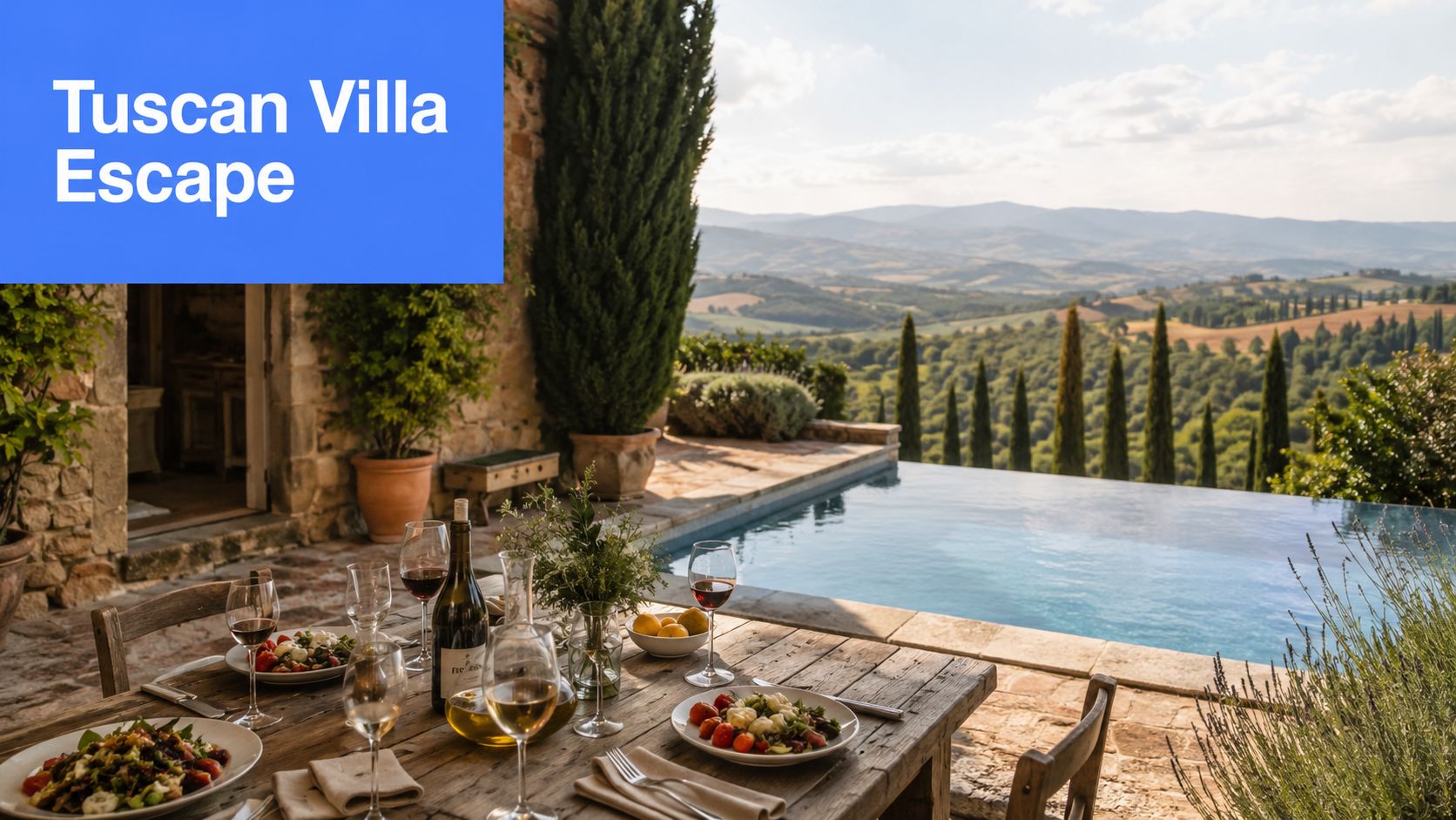 A rustic outdoor dining table set with fresh salad, wine, and fruit overlooking a scenic Tuscan villa pool.