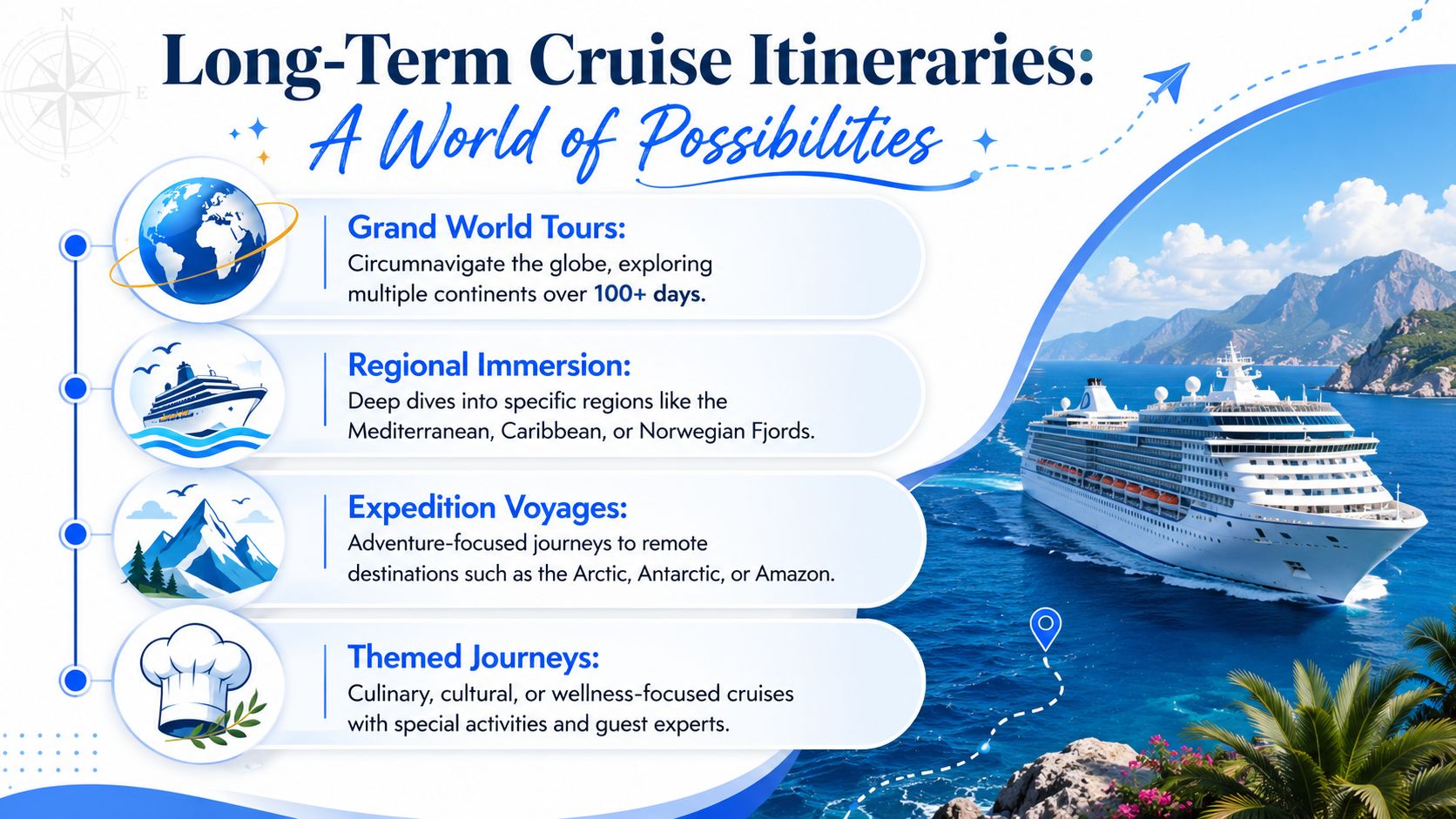 An infographic titled Long-Term Cruise Itineraries showing four travel options: world tours, regional cruises, expeditions, and themed journeys.