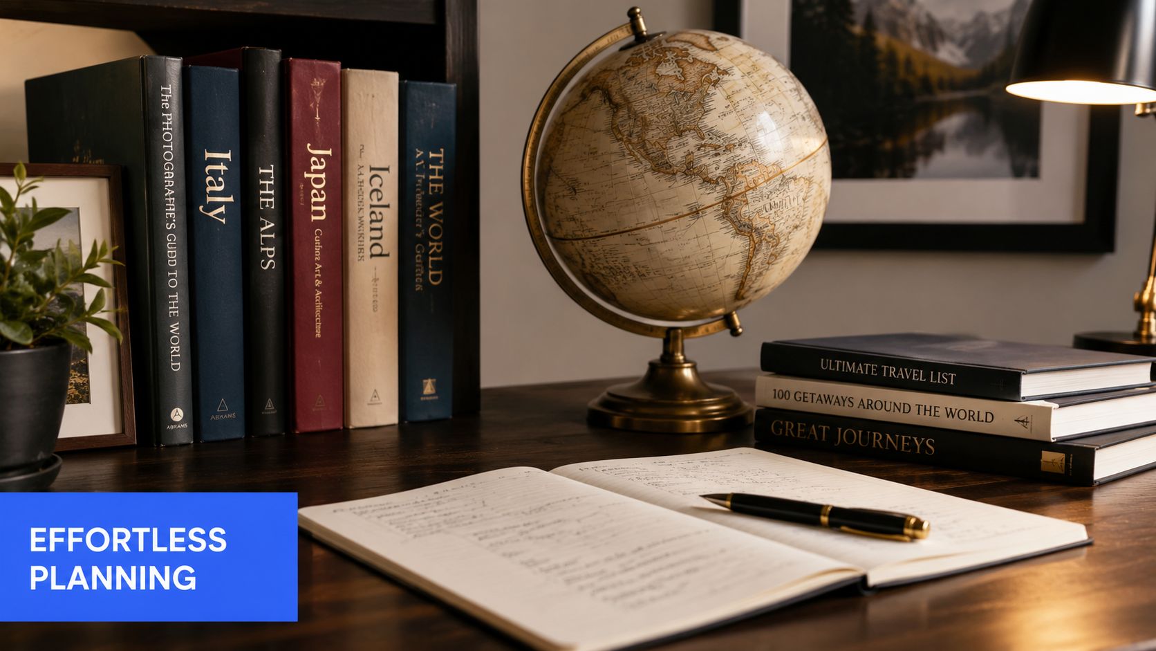 A wooden desk featuring travel books, a vintage globe, a pen, and an open planner for travel planning.