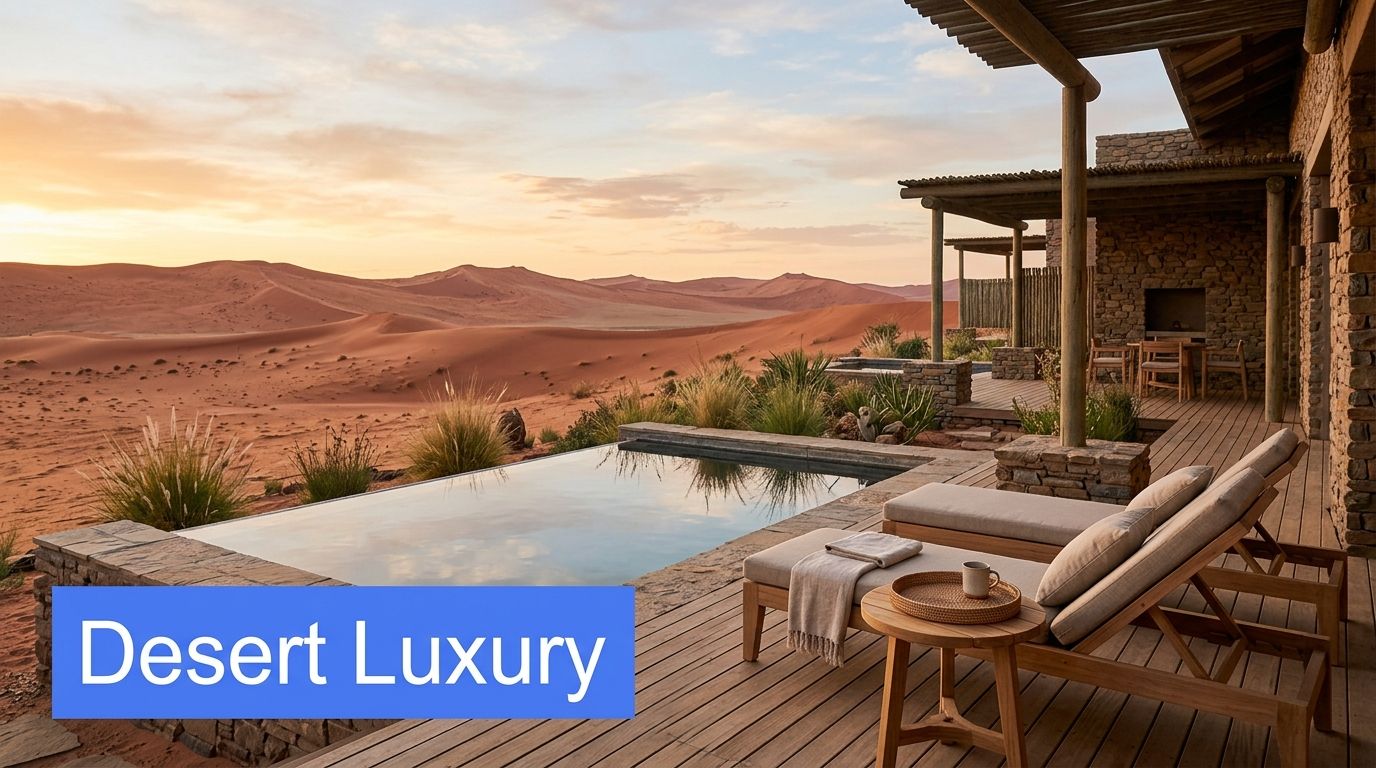 A luxurious lodge infinity pool overlooking the vast, stunning red sand dunes of the Namib desert at sunset.