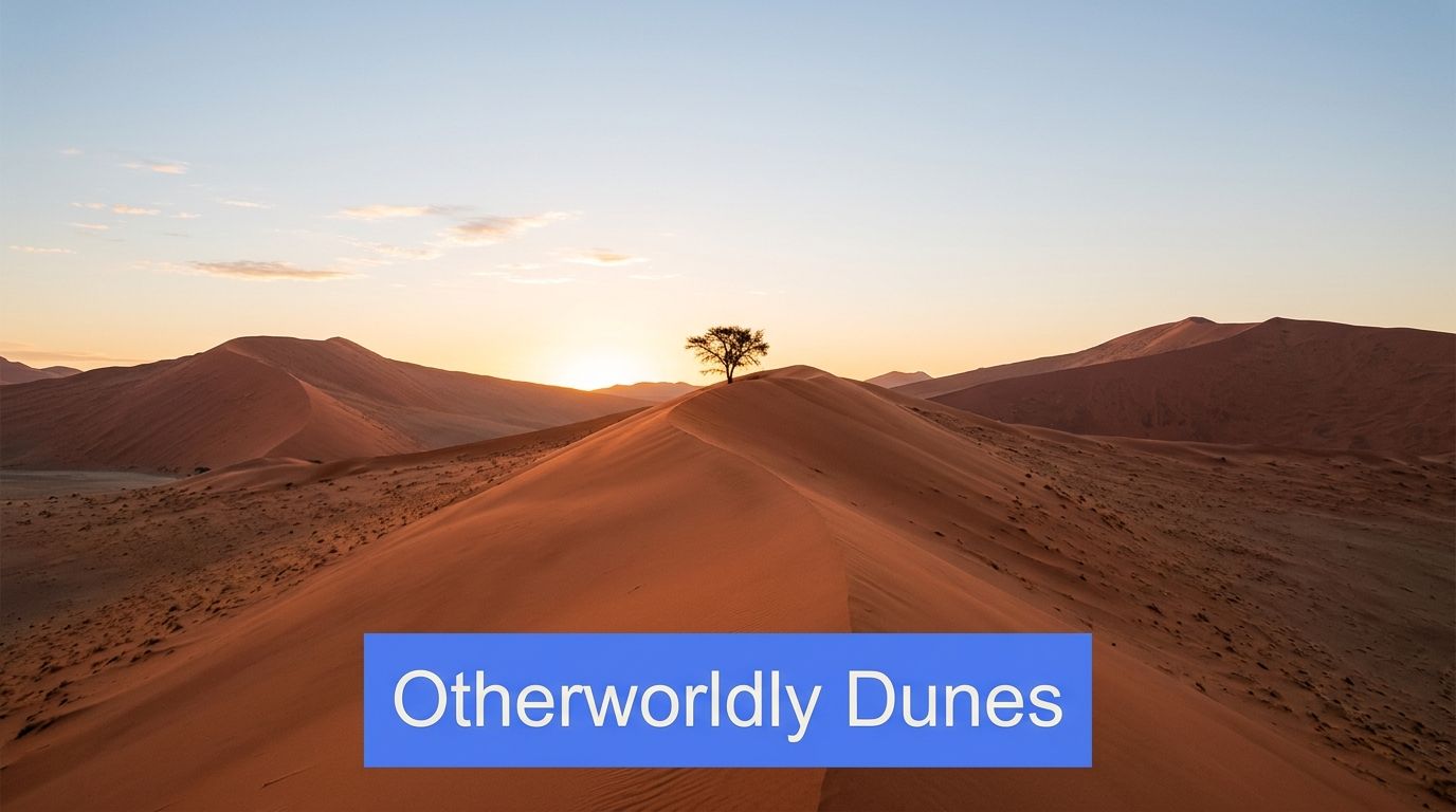 A scenic view of a lone tree atop a vast, orange sand dune at sunset in Namibia.