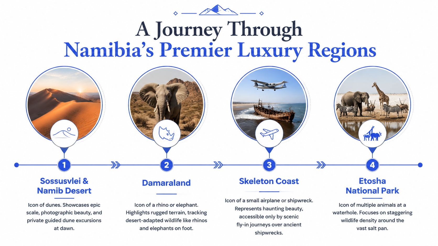 A travel infographic showcasing four premier luxury safari destinations in Namibia, including landscapes, wildlife, and activities.