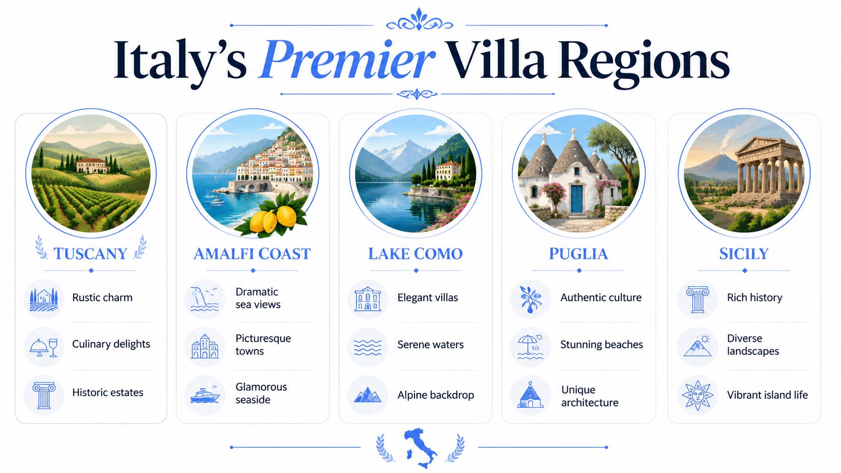 A travel infographic titled Italy's Premier Villa Regions, showcasing Tuscany, Amalfi Coast, Lake Como, Puglia, and Sicily.