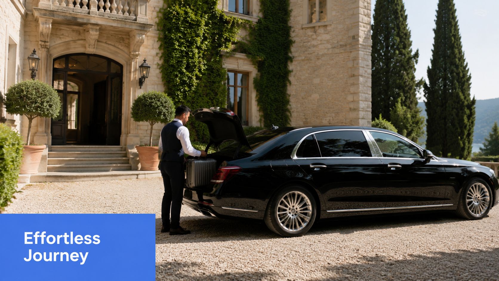 A professional chauffeur loading a silver suitcase into the trunk of a black luxury car at an Italian villa.