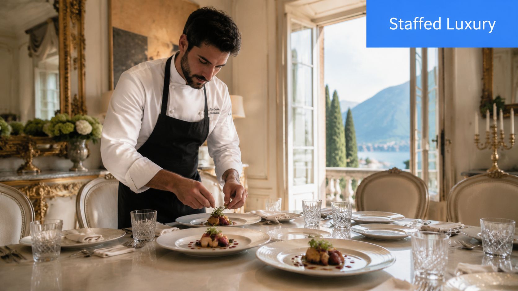 A professional chef plating an elegant gourmet meal in a luxury villa overlooking an Italian lake.