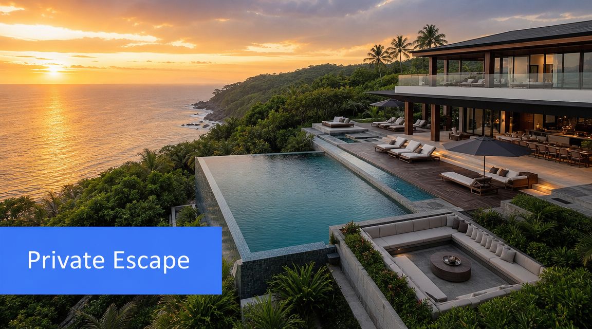 A luxurious villa with an infinity pool overlooking the ocean at sunset surrounded by lush greenery.