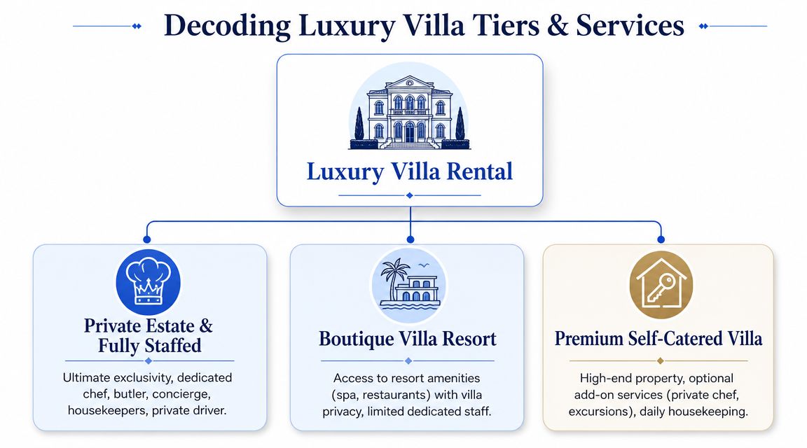 A diagram infographic explaining different tiers and services of luxury villa rentals, including fully staffed estates and resorts.