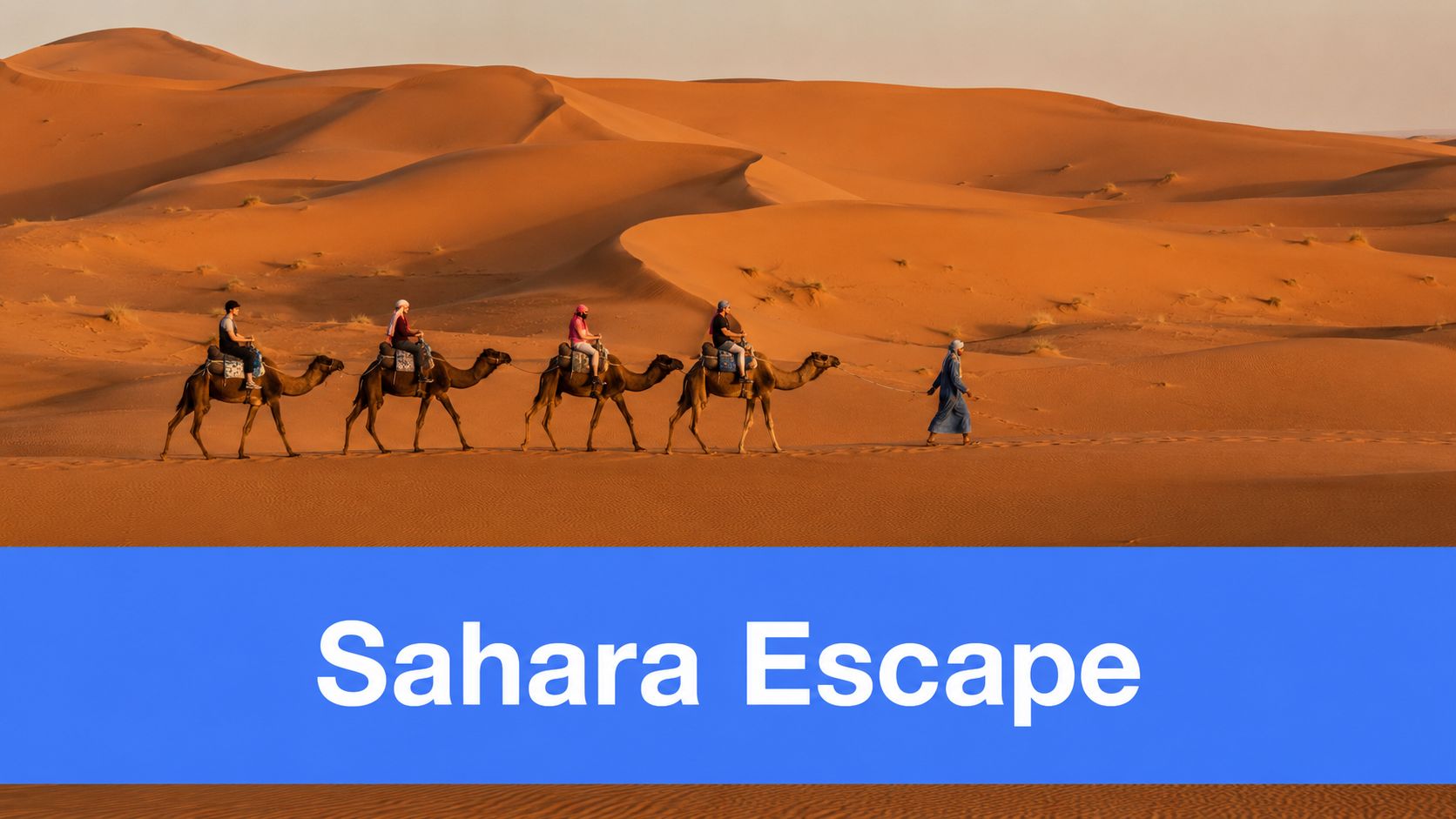 A small group of tourists riding camels through the vast orange sand dunes of the Sahara Desert.
