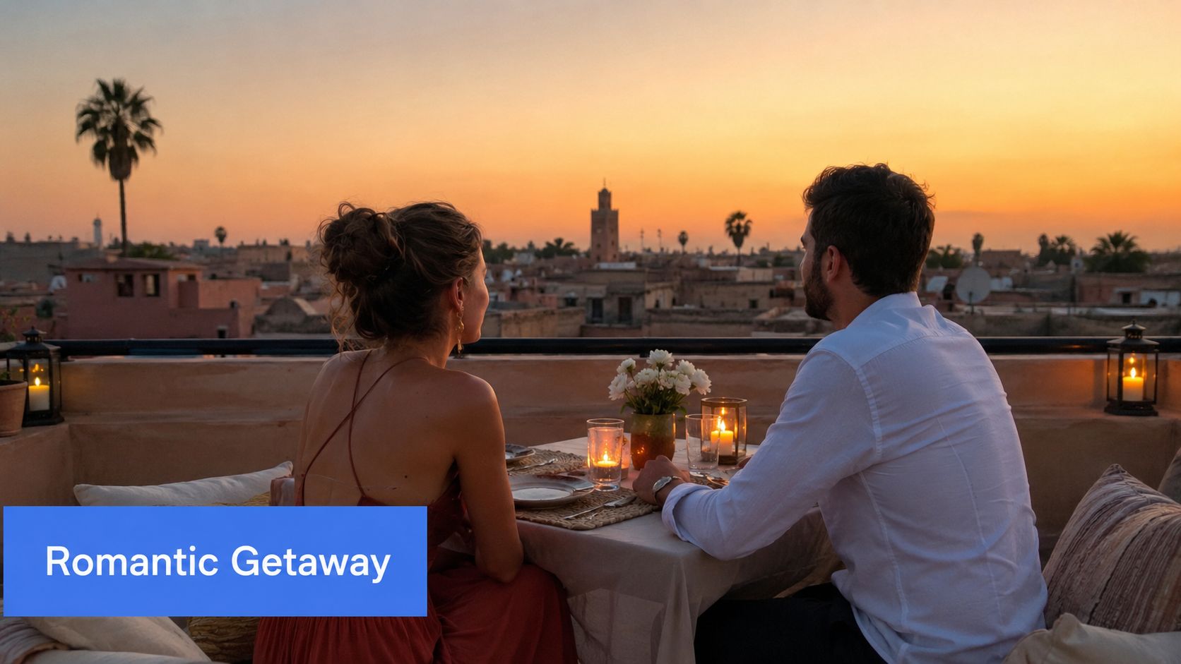 A romantic couple enjoying a scenic dinner on a rooftop terrace at sunset in Marrakech, Morocco.