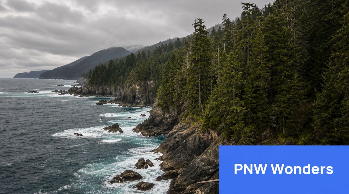 A scenic view of a rocky coastline with dense evergreen forests under a cloudy Pacific Northwest sky.