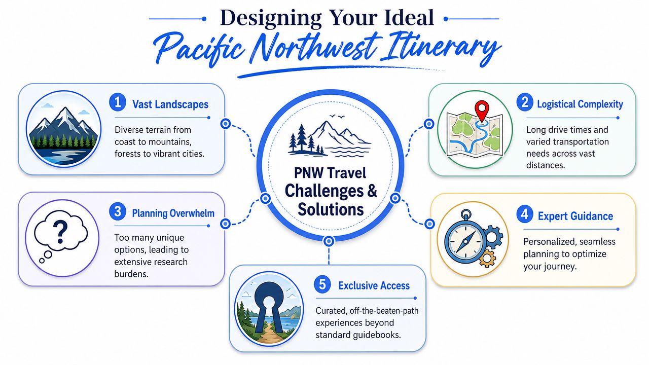 A diagram illustrating the challenges and expert solutions for planning a trip to the Pacific Northwest region.
