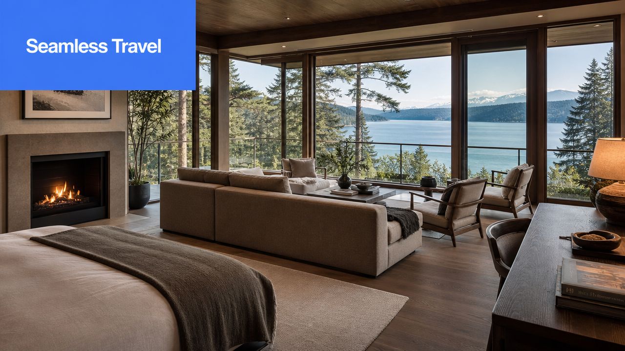 A luxurious bedroom suite with a fireplace, sofa, and floor-to-ceiling windows overlooking a beautiful mountain lake view.