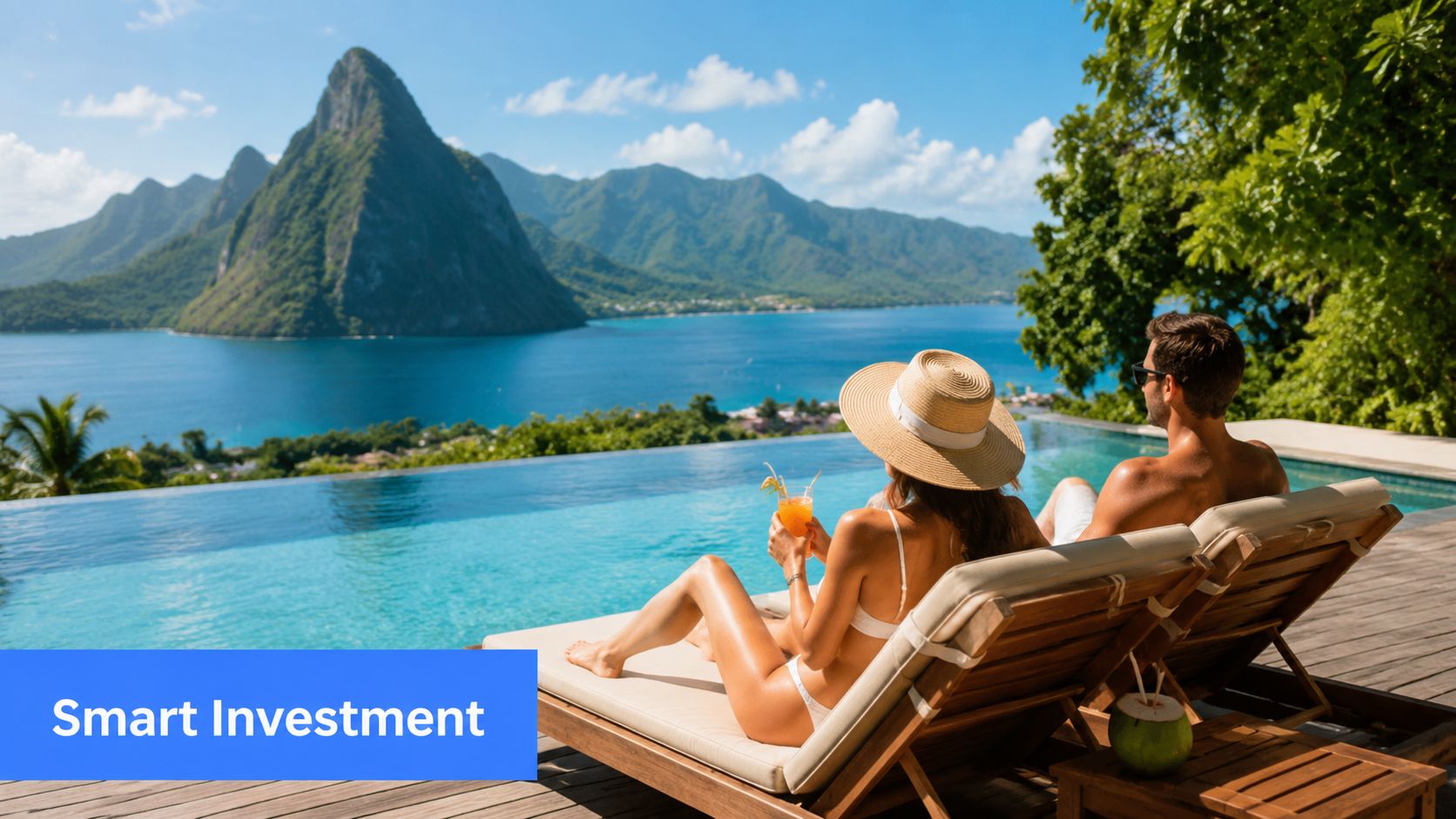 A couple relaxes on lounge chairs by an infinity pool with a view of the Pitons, Saint Lucia.