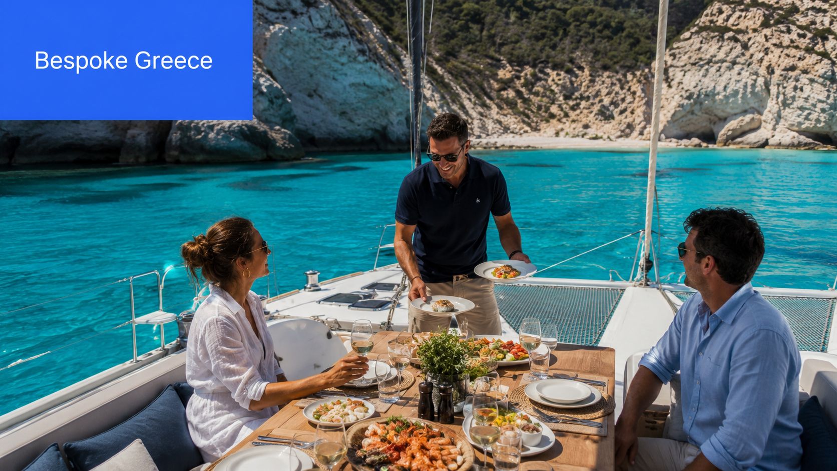 A couple dining on a private yacht in Greece with a server bringing food.